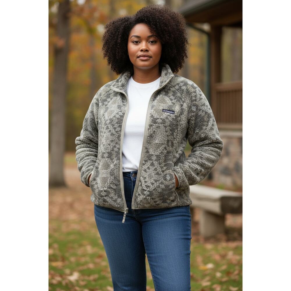Columbia Fleece Zip Up Jacket Sweatshirt Plus Size 1X Cozy Geometric Gray Brown